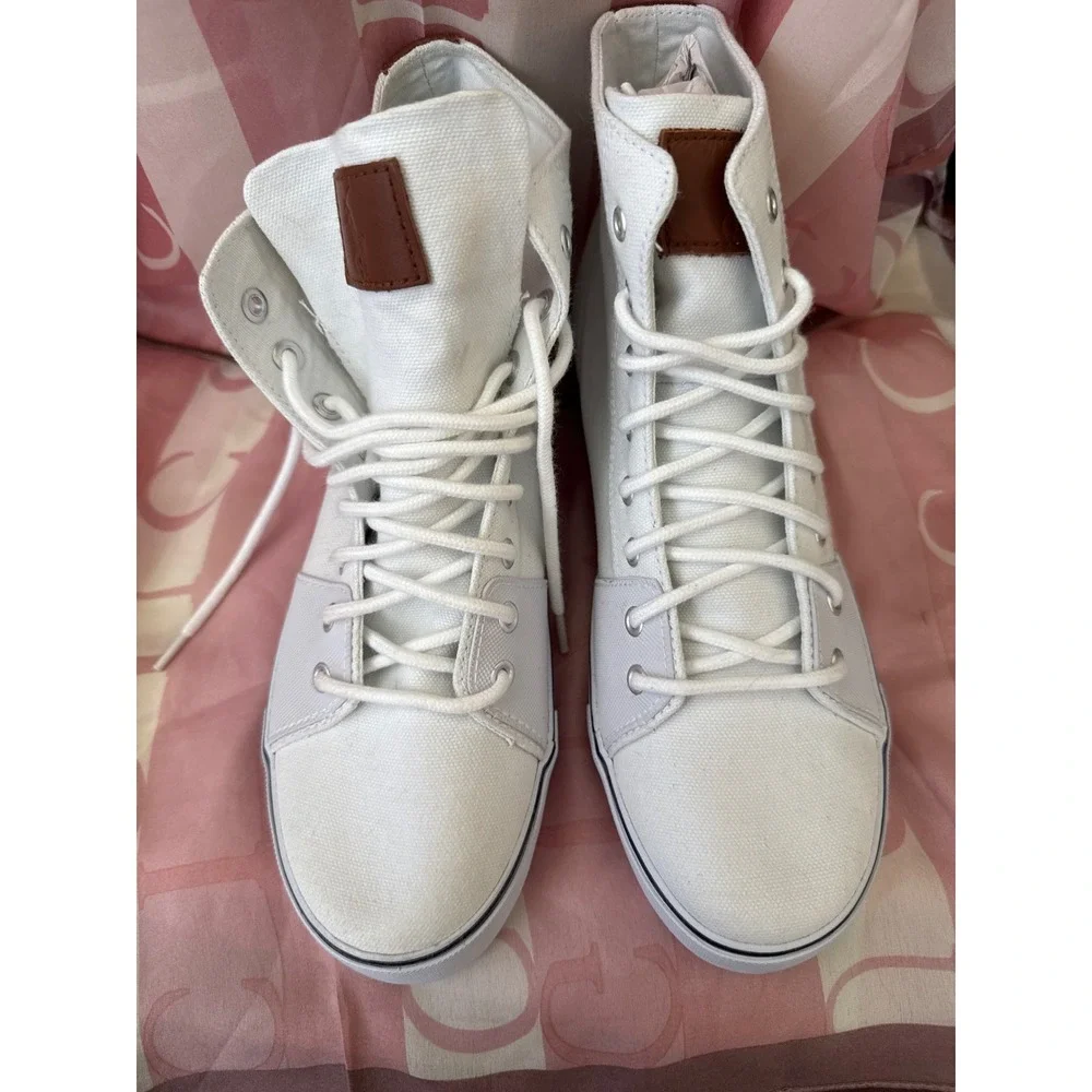 Polo Ralph Lauren Mens White Canvas High Top  Brown Leather Trim Size 8.5